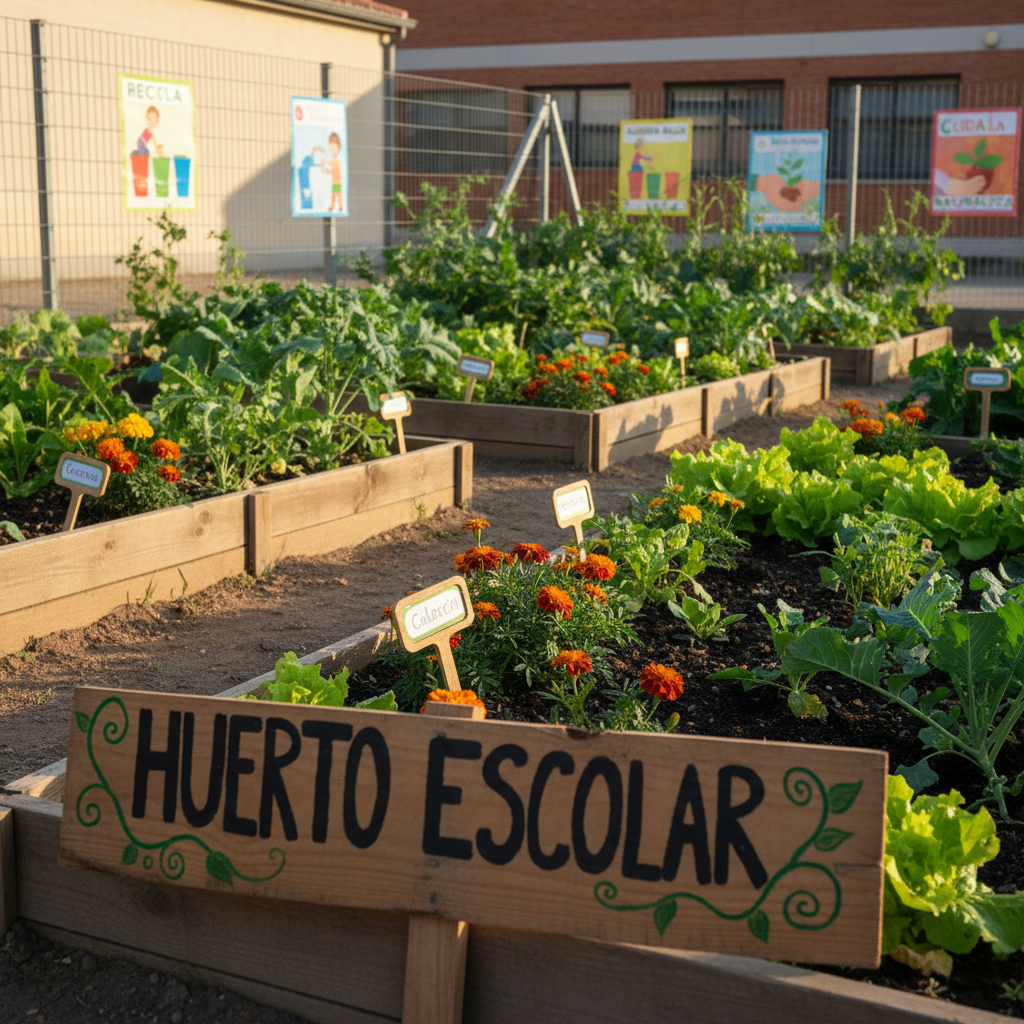 A primary school garden dedicated to community and environmental projects, featuring orderly raised wooden beds filled with rich dark soil, leafy green vegetables, and blooming marigolds labeled with small laminated signs. A simple handmade wooden sign at the entrance reads “Huerto Escolar” with painted vines and leaves. The surrounding wire fence is adorned with student-made weatherproof posters illustrating recycling, water saving, and caring for nature. Warm morning sunlight casts soft, elongated shadows from the plants, highlighting textures of leaves and soil. Photographed from a low angle at plant level, with the sign in the foreground and garden beds receding into the background, the depth of field subtly blurs the distance. The mood is hopeful, hands-on, and community-minded, portrayed with vibrant photographic realism.